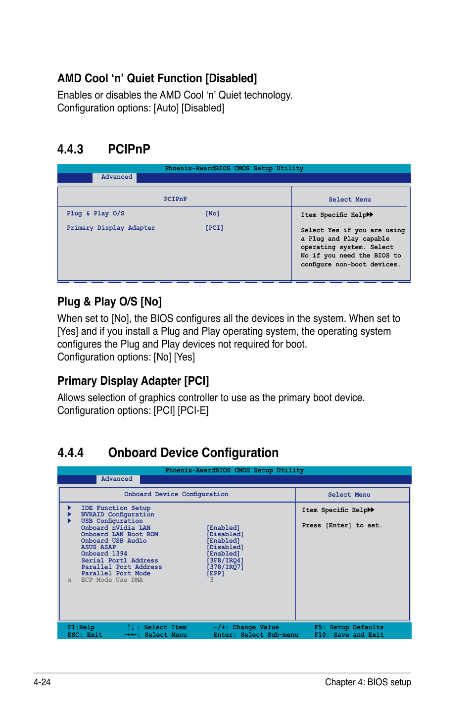 3 pcipnp, 4 onboard device configuration, Plug & play o/s [no | Primary display adapter [pci, Amd cool ‘n’ quiet function [disabled | Asus VISTA EDITION M2N-PLUS SLI User Manual | Page 86 / 154