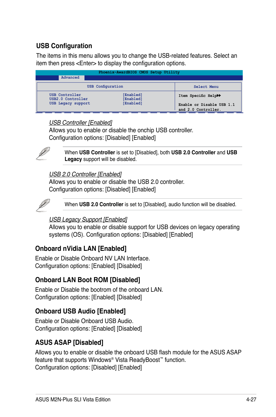 Usb configuration, Onboard nvidia lan [enabled, Onboard lan boot rom [disabled | Onboard usb audio [enabled, Asus asap [disabled | Asus VISTA EDITION M2N-PLUS SLI User Manual | Page 89 / 154