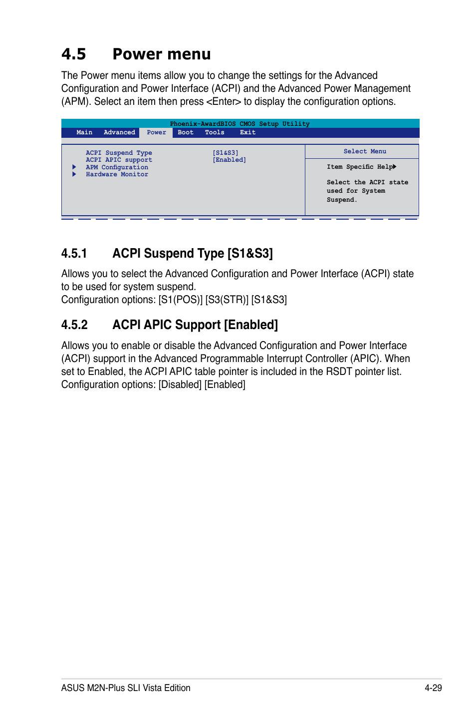 5 power menu, 1 acpi suspend type [s1&s3, 2 acpi apic support [enabled | Asus VISTA EDITION M2N-PLUS SLI User Manual | Page 91 / 154