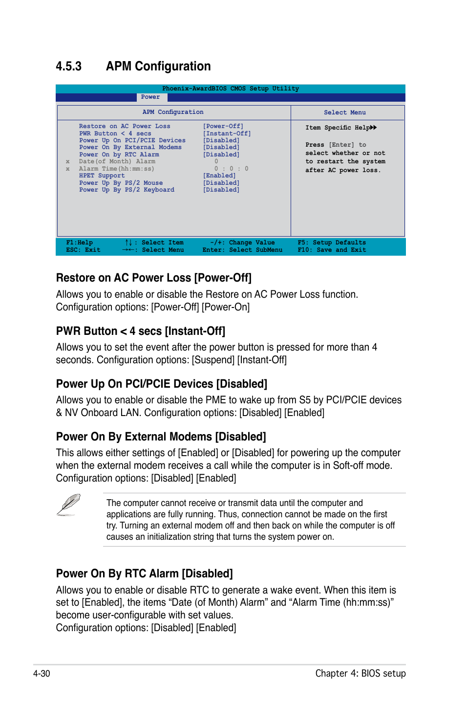 3 apm configuration, Restore on ac power loss [power-off, Pwr button < 4 secs [instant-off | Power up on pci/pcie devices [disabled, Power on by external modems [disabled, Power on by rtc alarm [disabled | Asus VISTA EDITION M2N-PLUS SLI User Manual | Page 92 / 154