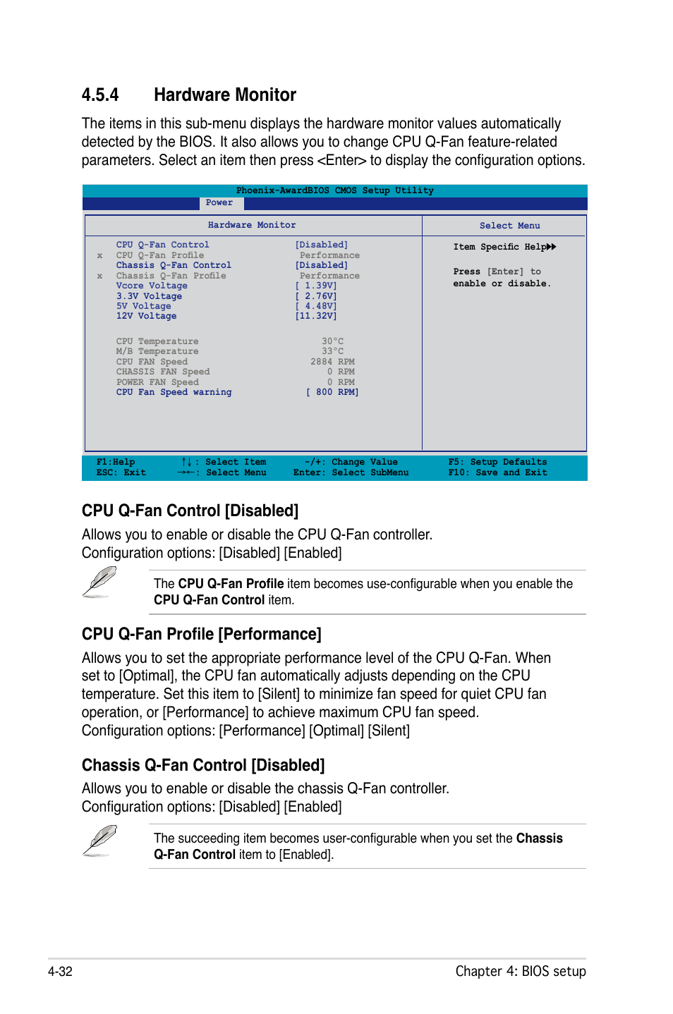 4 hardware monitor, Cpu q-fan control [disabled, Cpu q-fan profile [performance | Chassis q-fan control [disabled | Asus VISTA EDITION M2N-PLUS SLI User Manual | Page 94 / 154