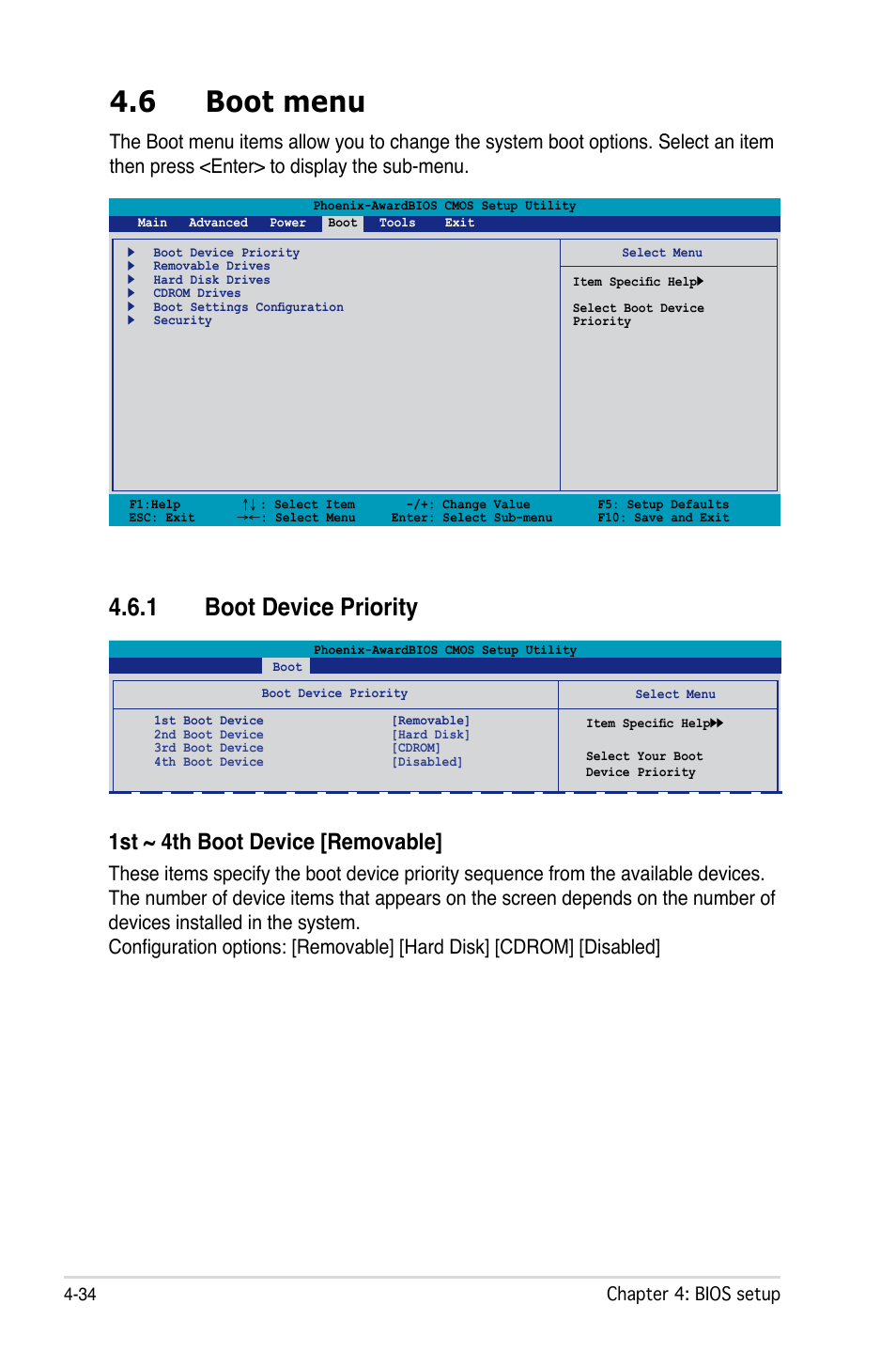 6 boot menu, 1 boot device priority, 1st ~ 4th boot device [removable | Asus VISTA EDITION M2N-PLUS SLI User Manual | Page 96 / 154