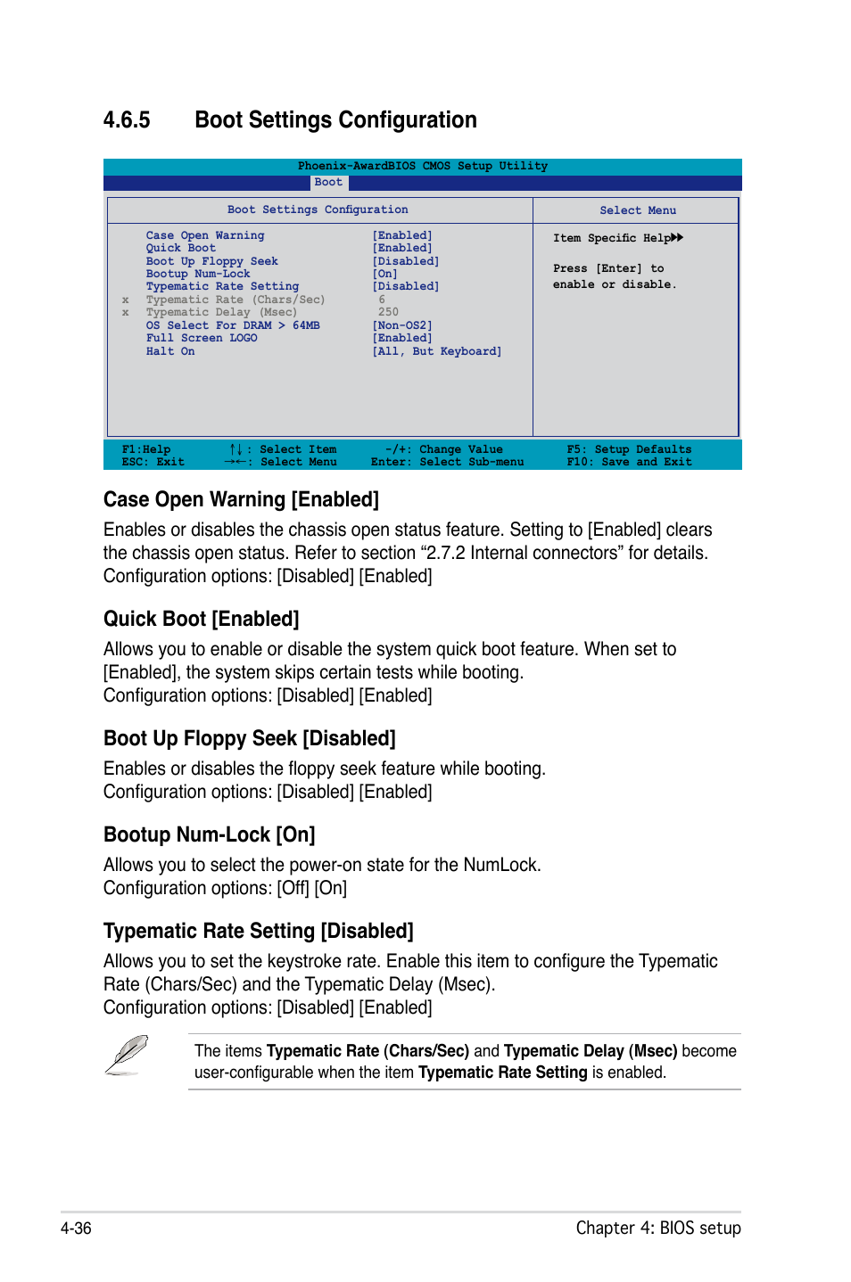 5 boot settings configuration, Case open warning [enabled, Quick boot [enabled | Boot up floppy seek [disabled, Bootup num-lock [on, Typematic rate setting [disabled | Asus VISTA EDITION M2N-PLUS SLI User Manual | Page 98 / 154