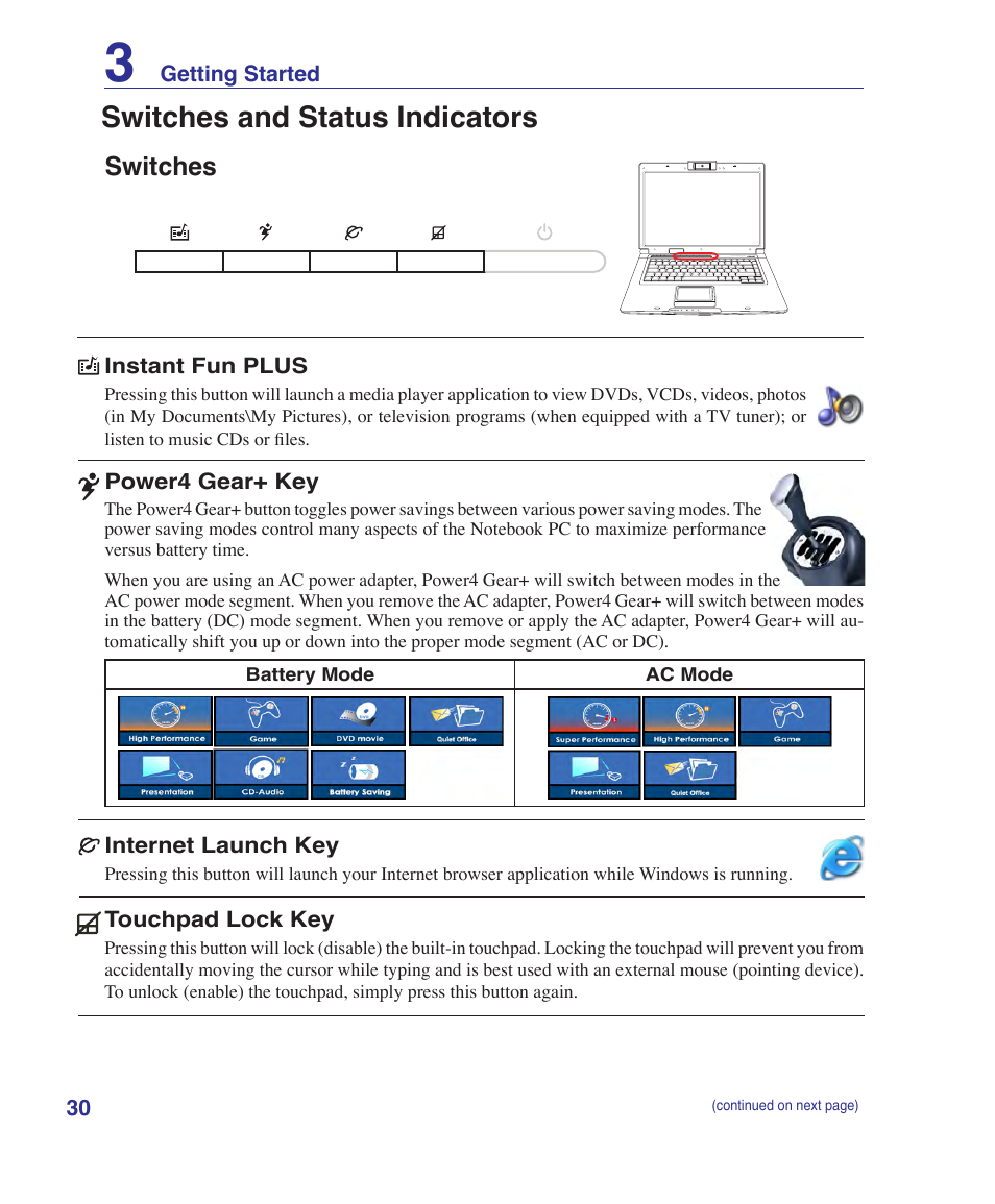 Switches and status indicators, Switches | Asus E2915 User Manual | Page 30 / 71