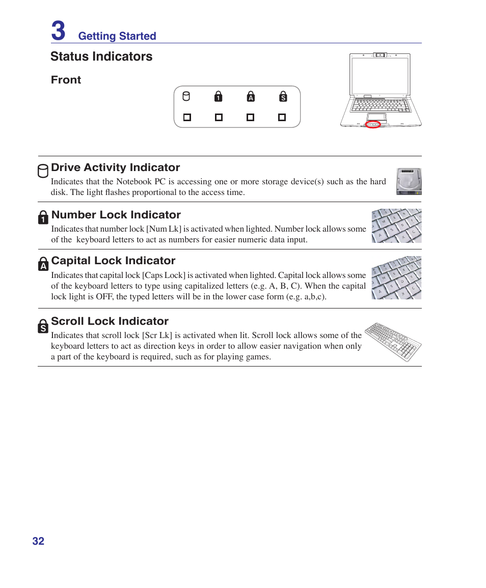 Status indicators | Asus E2915 User Manual | Page 32 / 71