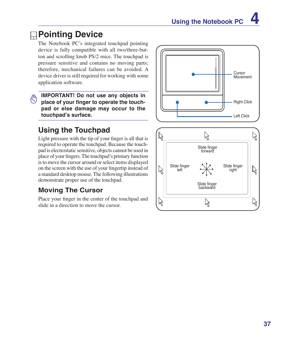 Pointing device, Using the touchpad | Asus E2915 User Manual | Page 37 / 71