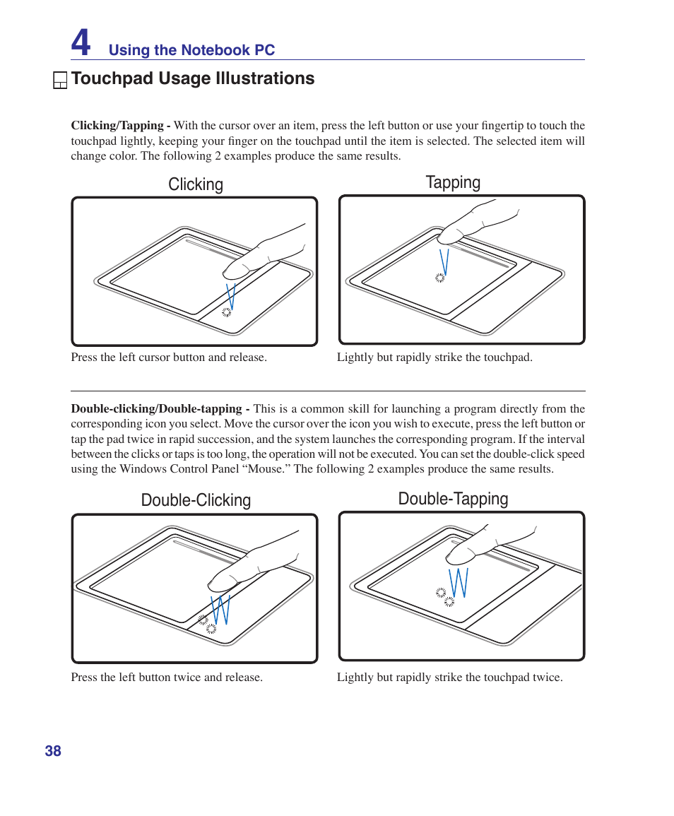 Touchpad usage illustrations | Asus E2915 User Manual | Page 38 / 71