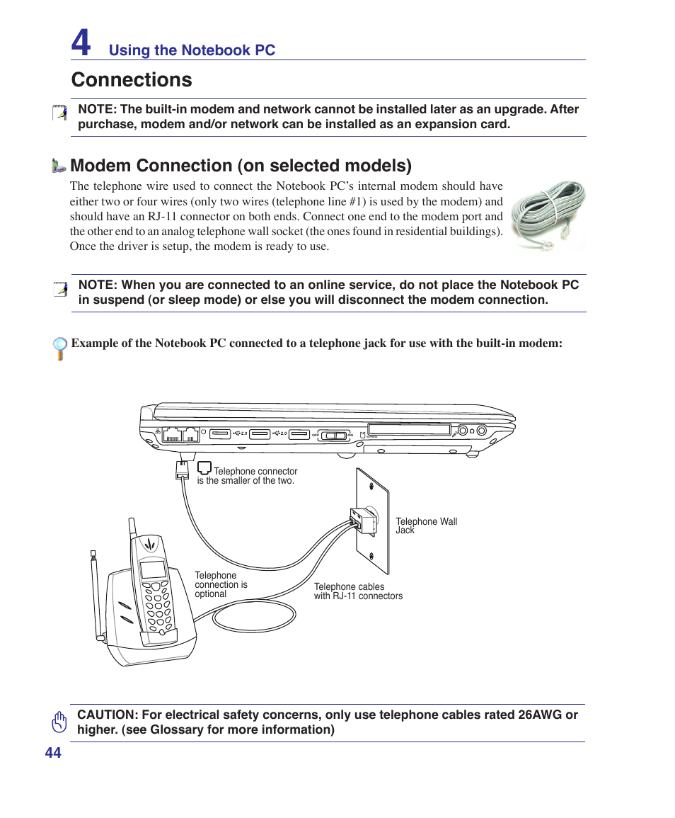 Connections, Modem connection (on selected models) | Asus E2915 User Manual | Page 44 / 71