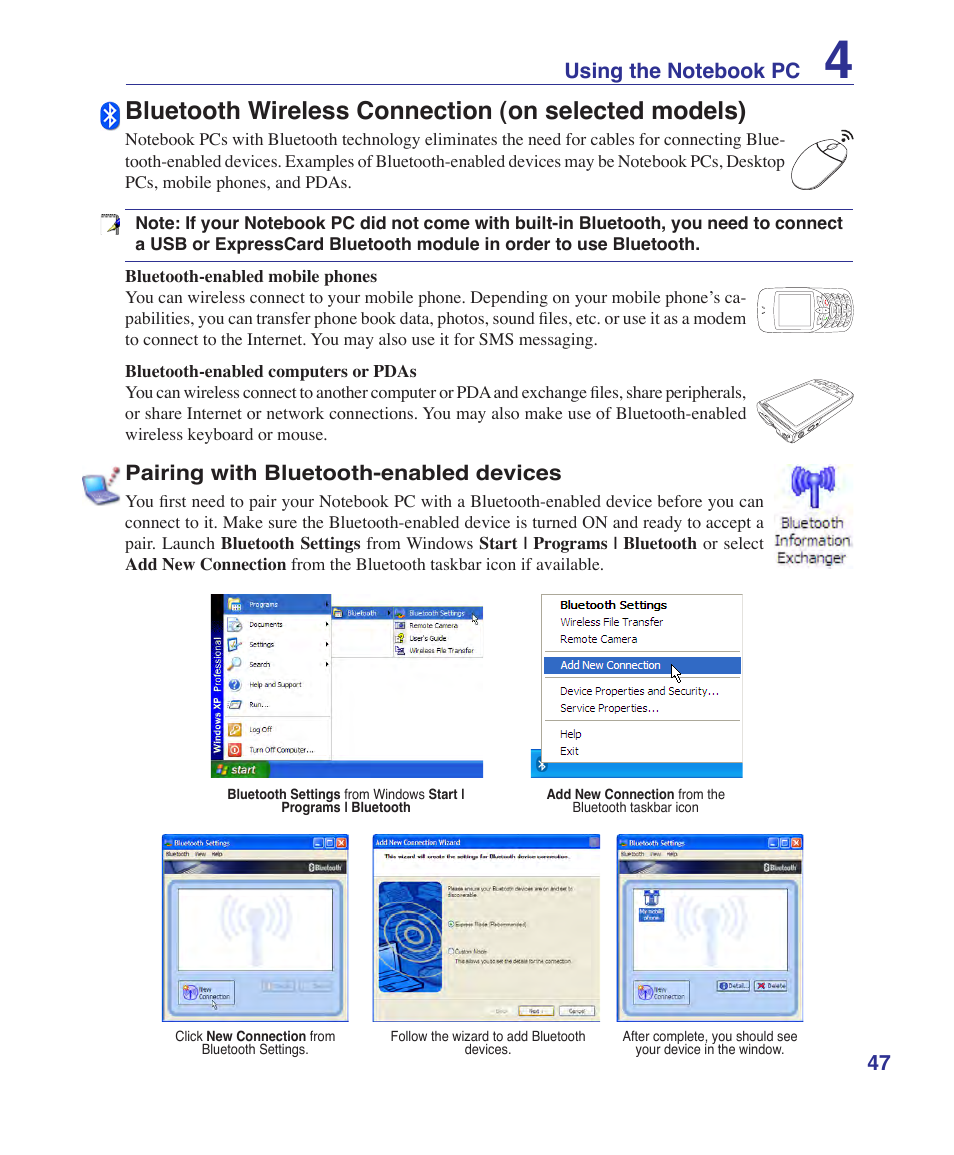 Bluetooth wireless connection (on selected models), Pairing with bluetooth-enabled devices | Asus E2915 User Manual | Page 47 / 71