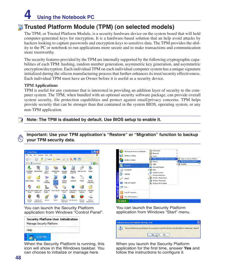 Trusted platform module (tpm) (on selected models) | Asus E2915 User Manual | Page 48 / 71