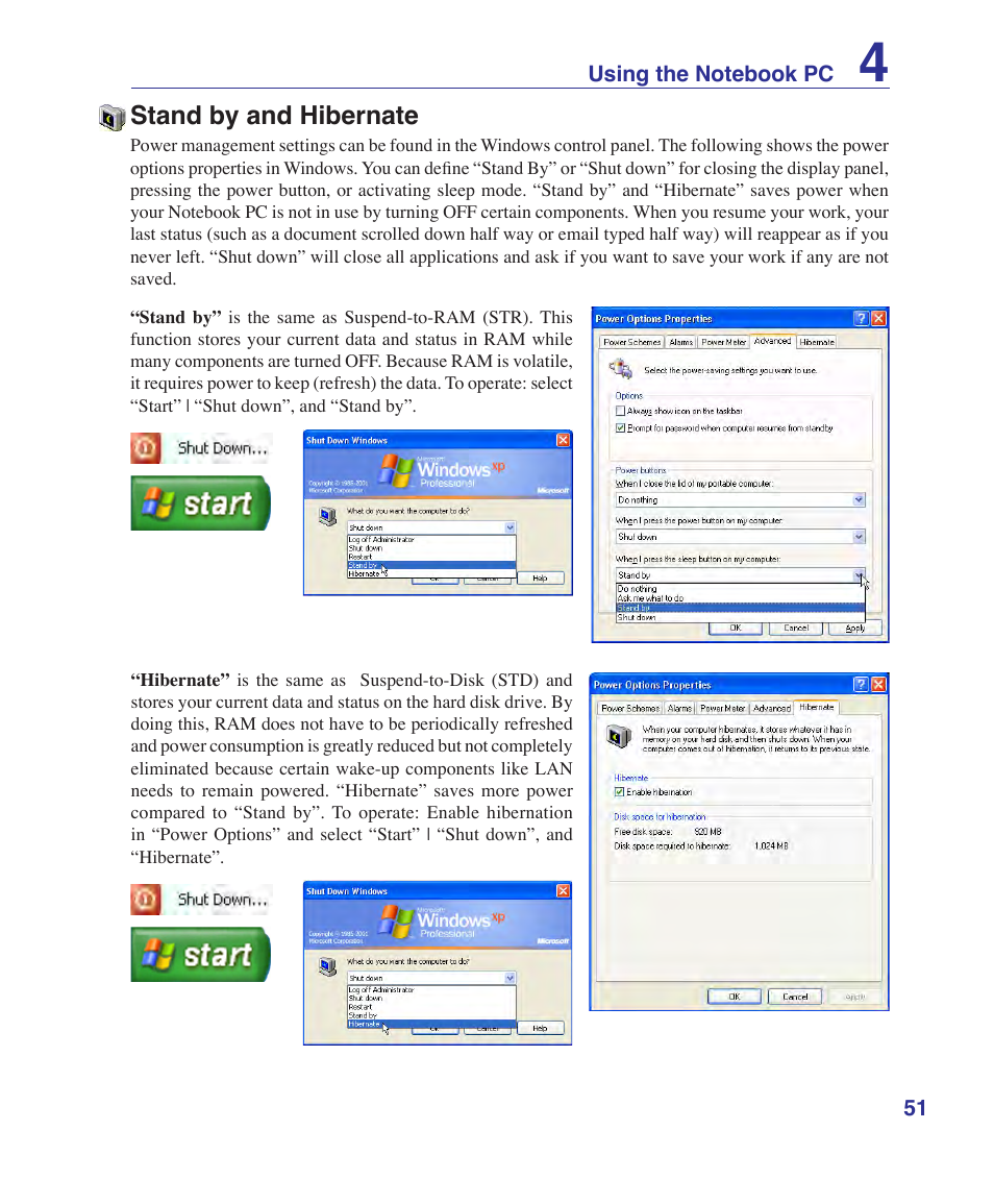 Stand by and hibernate | Asus E2915 User Manual | Page 51 / 71