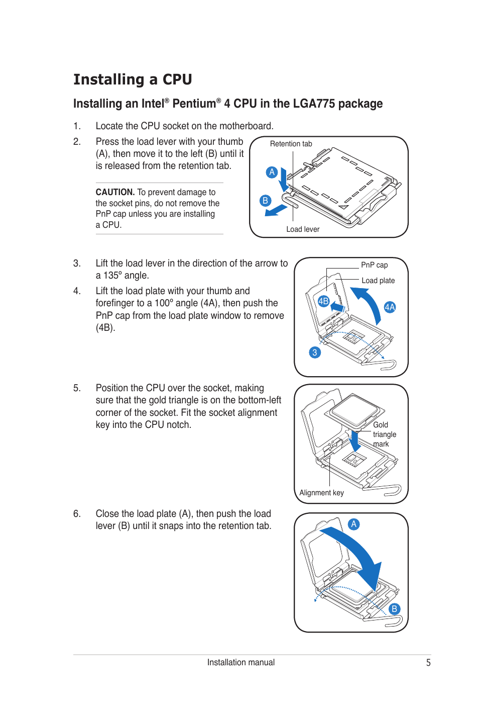 Installing a cpu, Installing an intel, Pentium | 4 cpu in the lga775 package | Asus V-Series P5G965 User Manual | Page 5 / 10