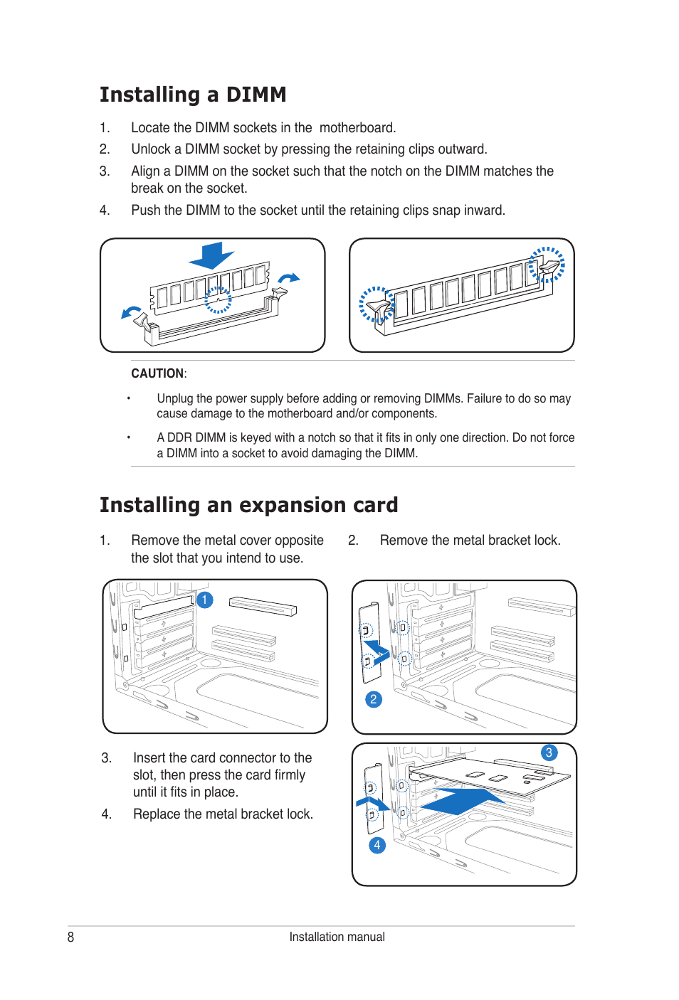 Installing a dimm, Installing an expansion card | Asus V-Series P5G965 User Manual | Page 8 / 10