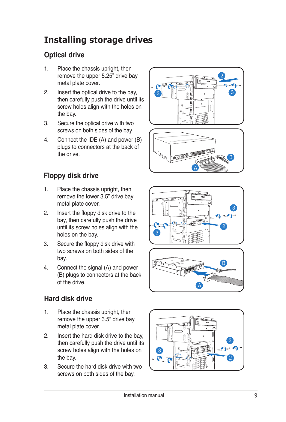 Installing storage drives, Optical drive, Floppy disk drive | Hard disk drive | Asus V-Series P5G965 User Manual | Page 9 / 10