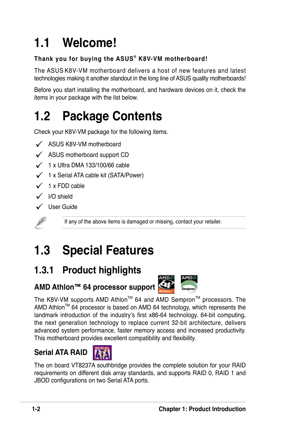 3 special features, 1 welcome, 2 package contents | 1 product highlights, Amd athlon™ 64 processor support, Serial ata raid | Asus K8V-VM User Manual | Page 12 / 78