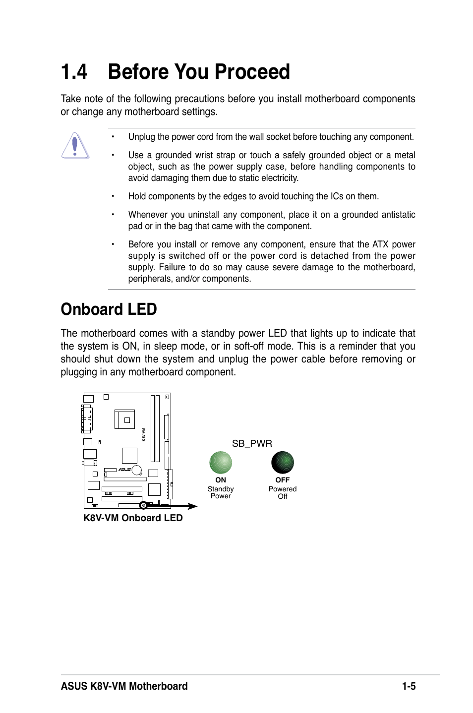 4 before you proceed, Onboard led | Asus K8V-VM User Manual | Page 15 / 78