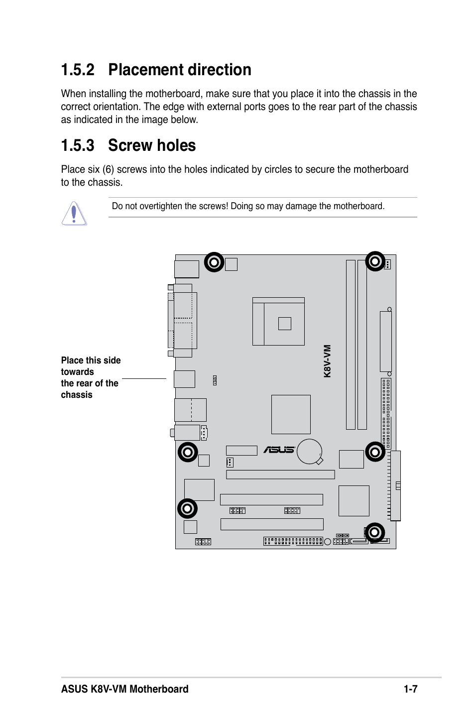 .2 placement direction, .3 screw holes | Asus K8V-VM User Manual | Page 17 / 78