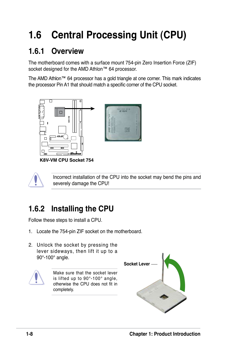 6 central processing unit (cpu), 2 installing the cpu, 1 overview | Asus K8V-VM User Manual | Page 18 / 78