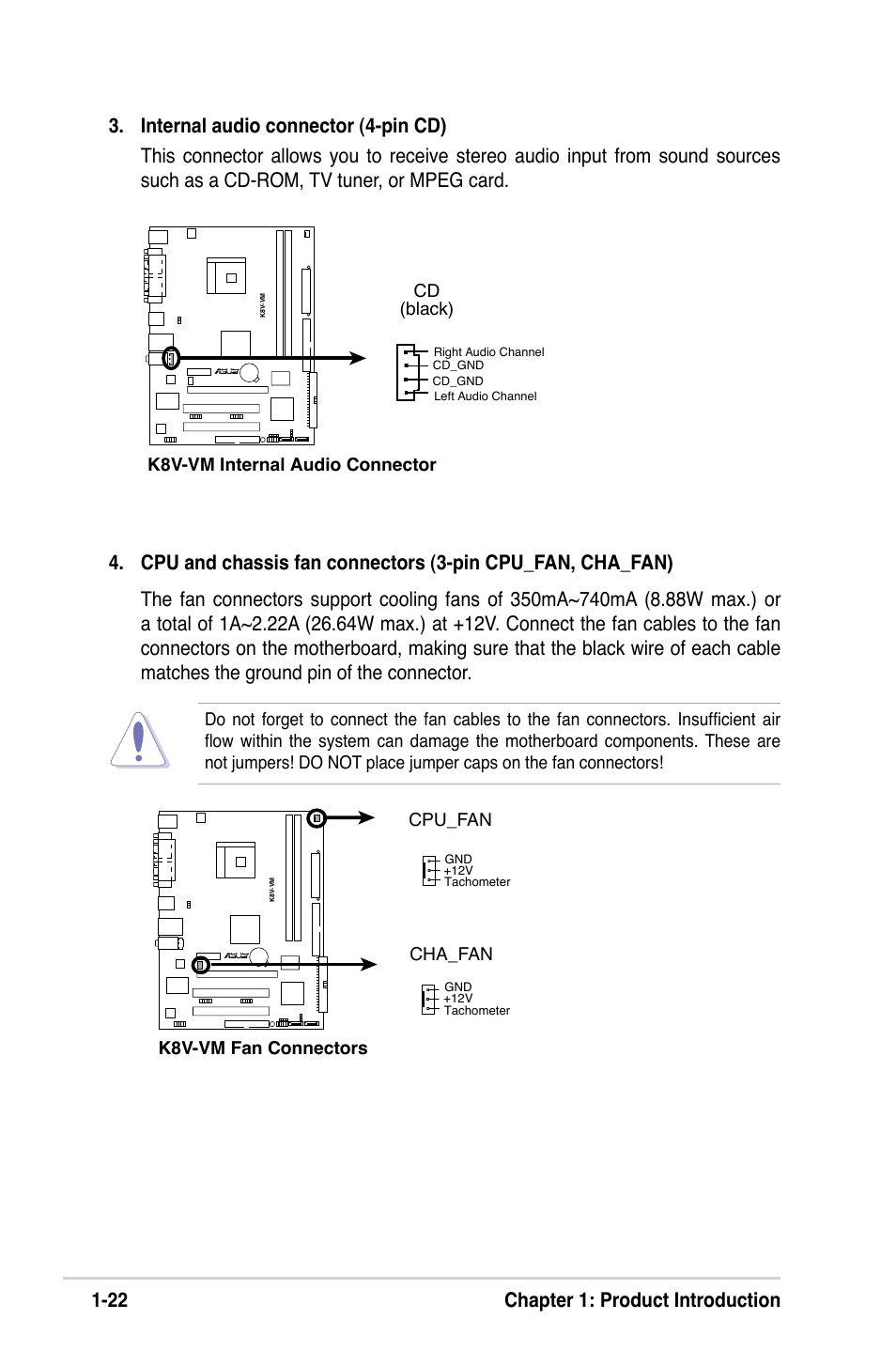 Cpu_fan, K8v-vm internal audio connector cd (black) | Asus K8V-VM User Manual | Page 32 / 78