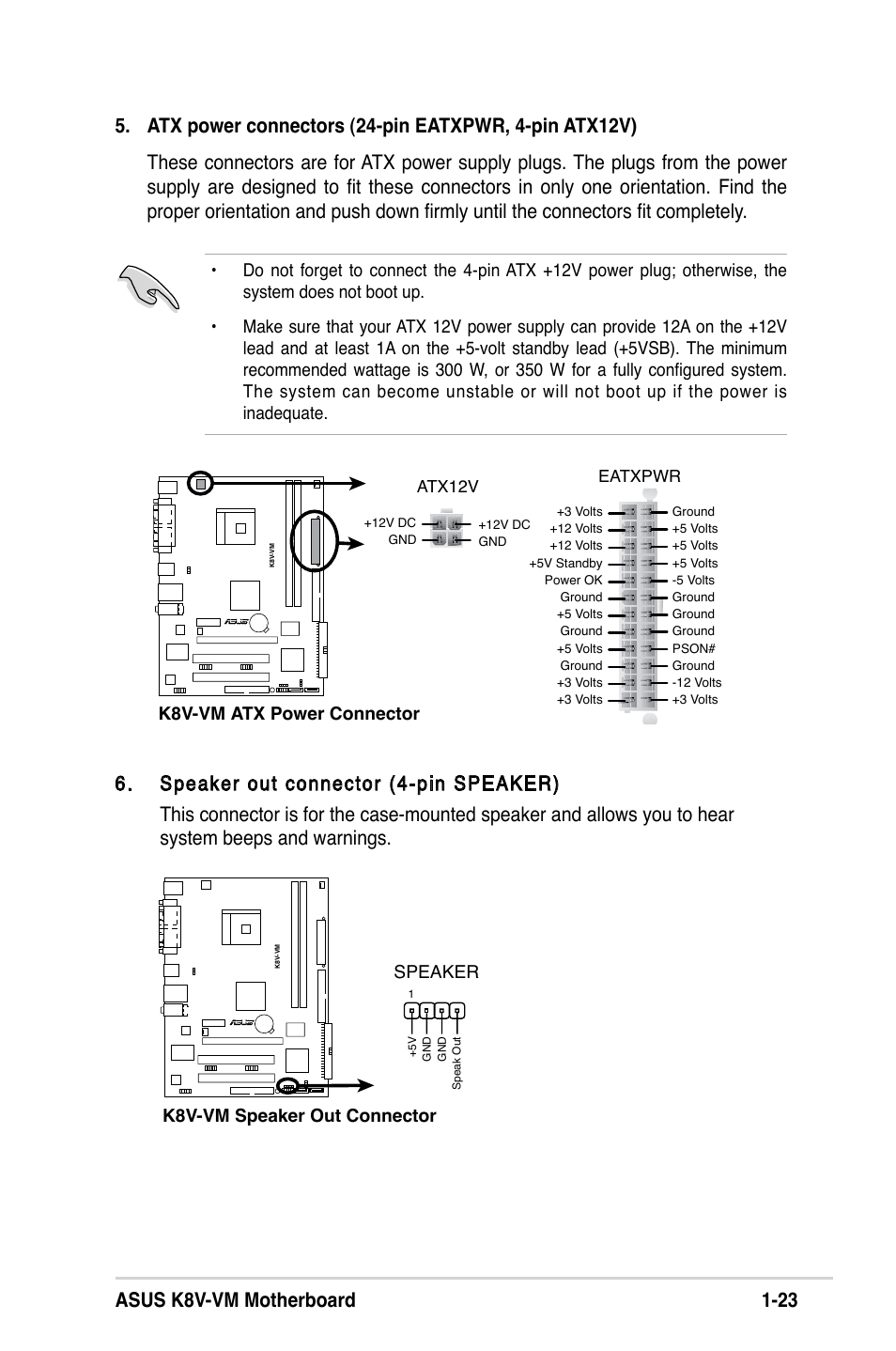 K8v-vm speaker out connector speaker, Eatxpwr atx12v | Asus K8V-VM User Manual | Page 33 / 78