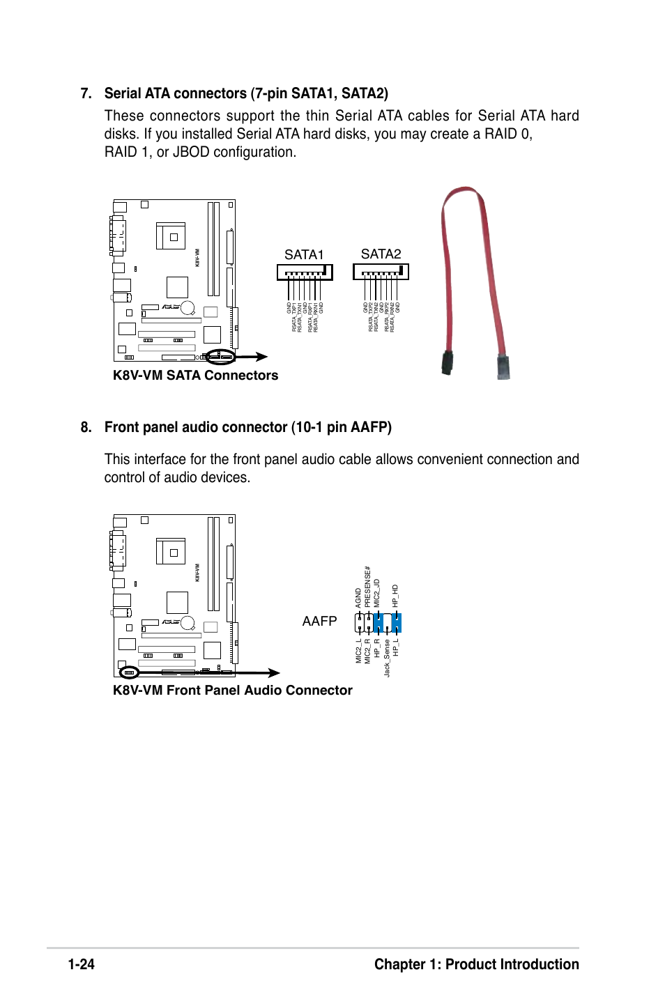 24 chapter 1: product introduction, K8v-vm front panel audio connector, Aafp | K8v-vm sata connectors sata2, Sata1 | Asus K8V-VM User Manual | Page 34 / 78