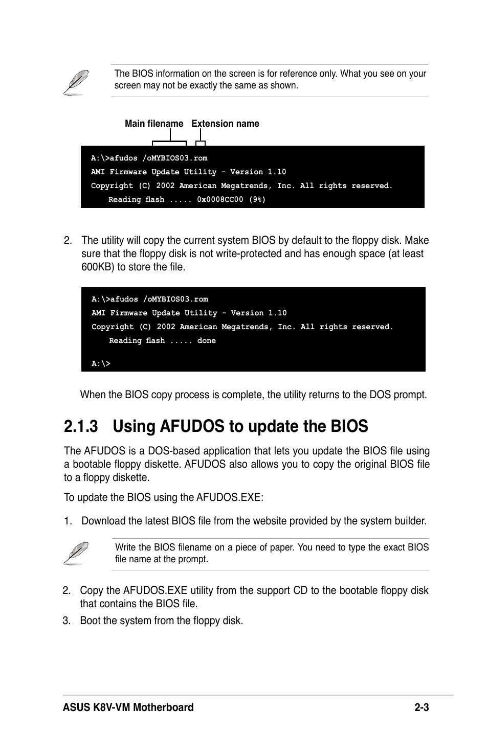 3 using afudos to update the bios | Asus K8V-VM User Manual | Page 39 / 78