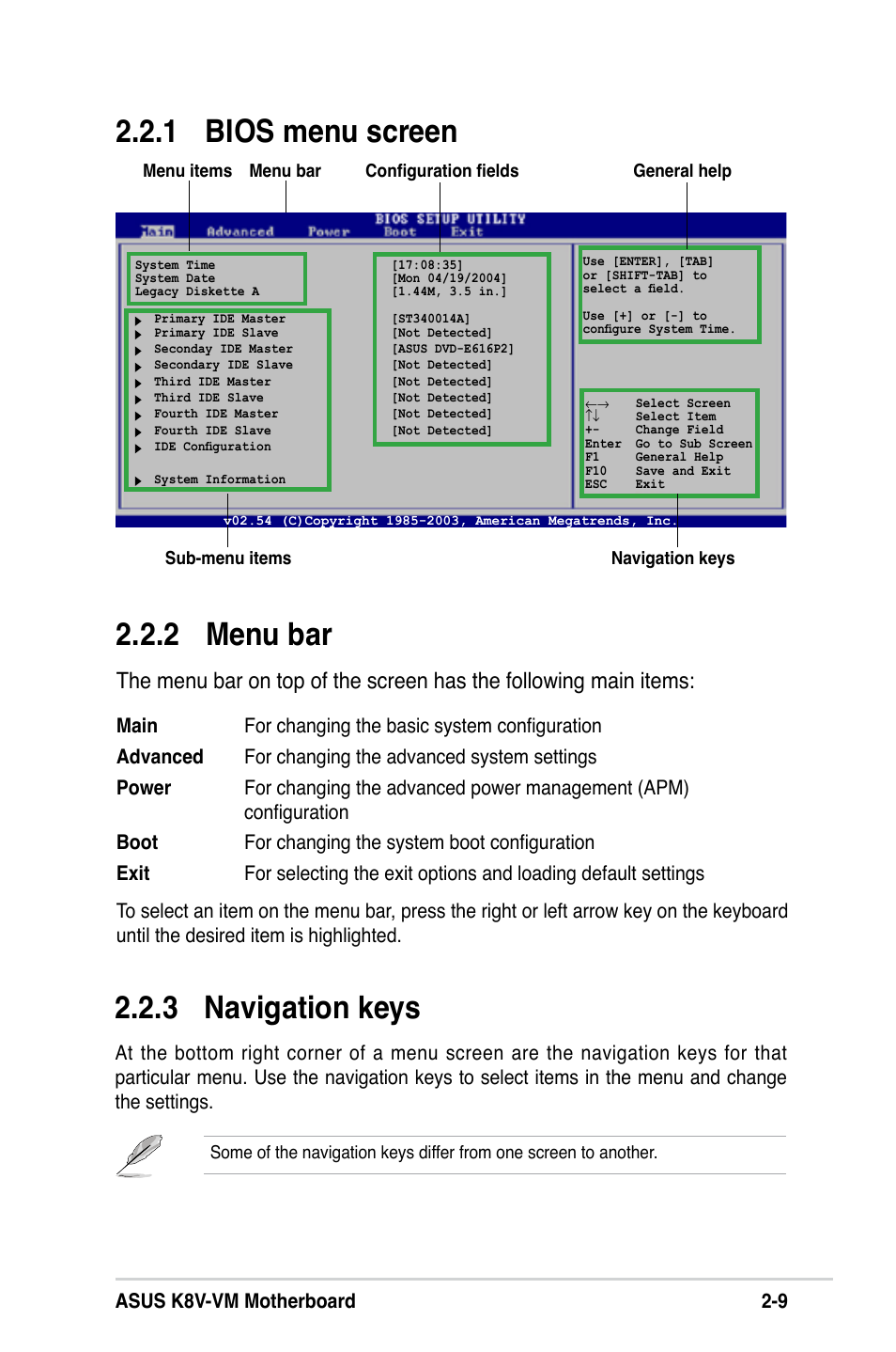 2 menu bar, 1 bios menu screen 2.2.3 navigation keys, Asus k8v-vm motherboard 2-9 | Asus K8V-VM User Manual | Page 45 / 78