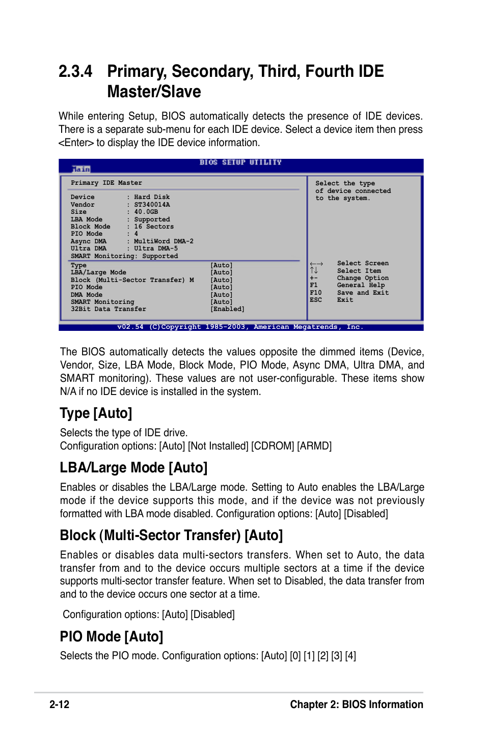 Type [auto, Lba/large mode [auto, Block (multi-sector transfer) [auto | Pio mode [auto, 12 chapter 2: bios information | Asus K8V-VM User Manual | Page 48 / 78