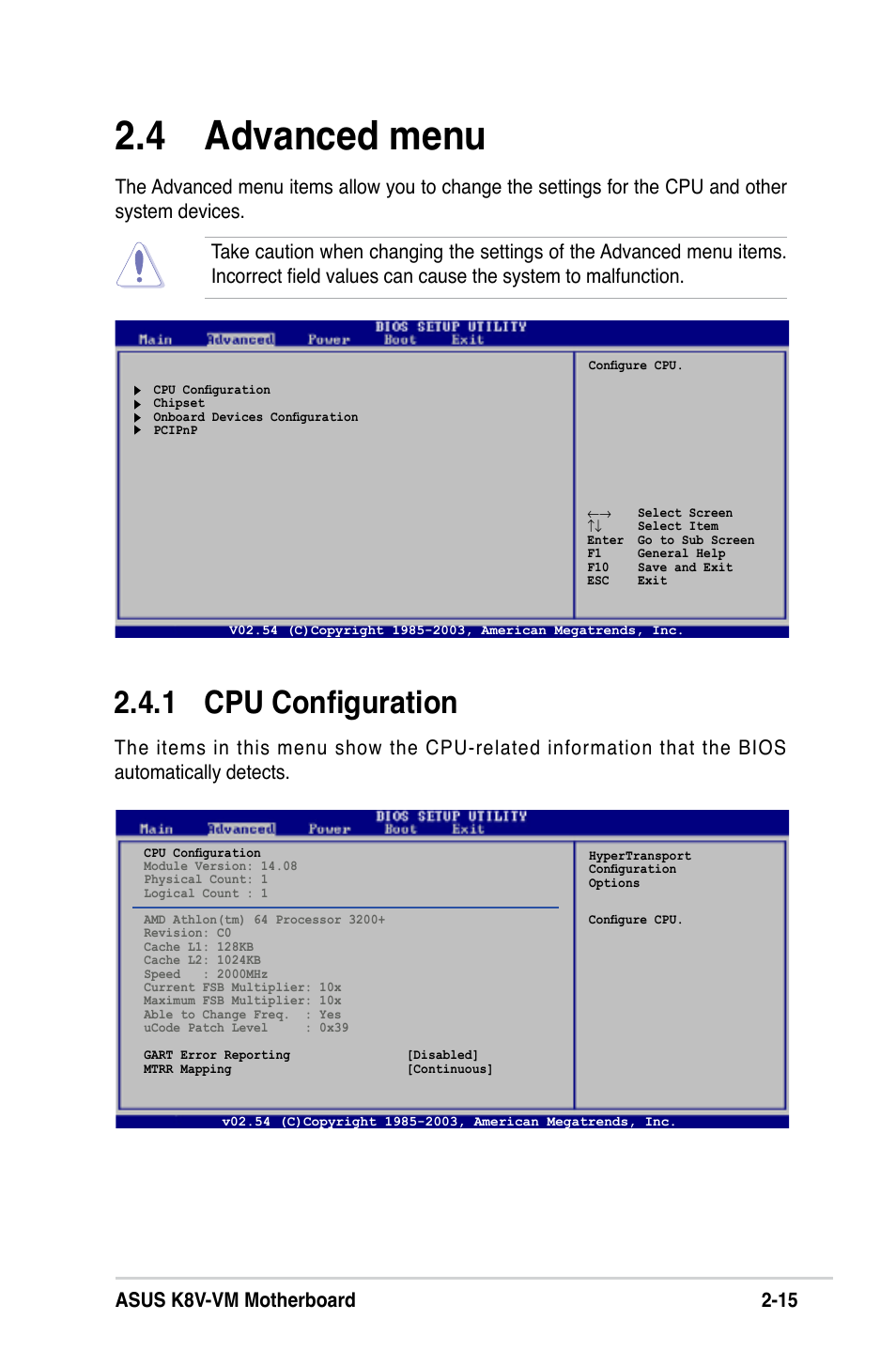 4 advanced menu, 1 cpu configuration, Asus k8v-vm motherboard 2-1 | Asus K8V-VM User Manual | Page 51 / 78