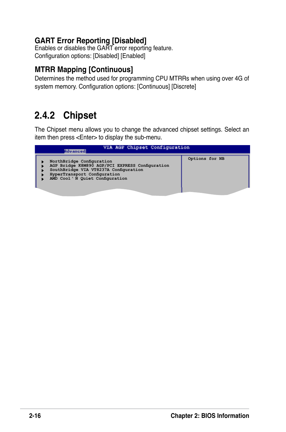 2 chipset, Gart error reporting [disabled, Mtrr mapping [continuous | Asus K8V-VM User Manual | Page 52 / 78