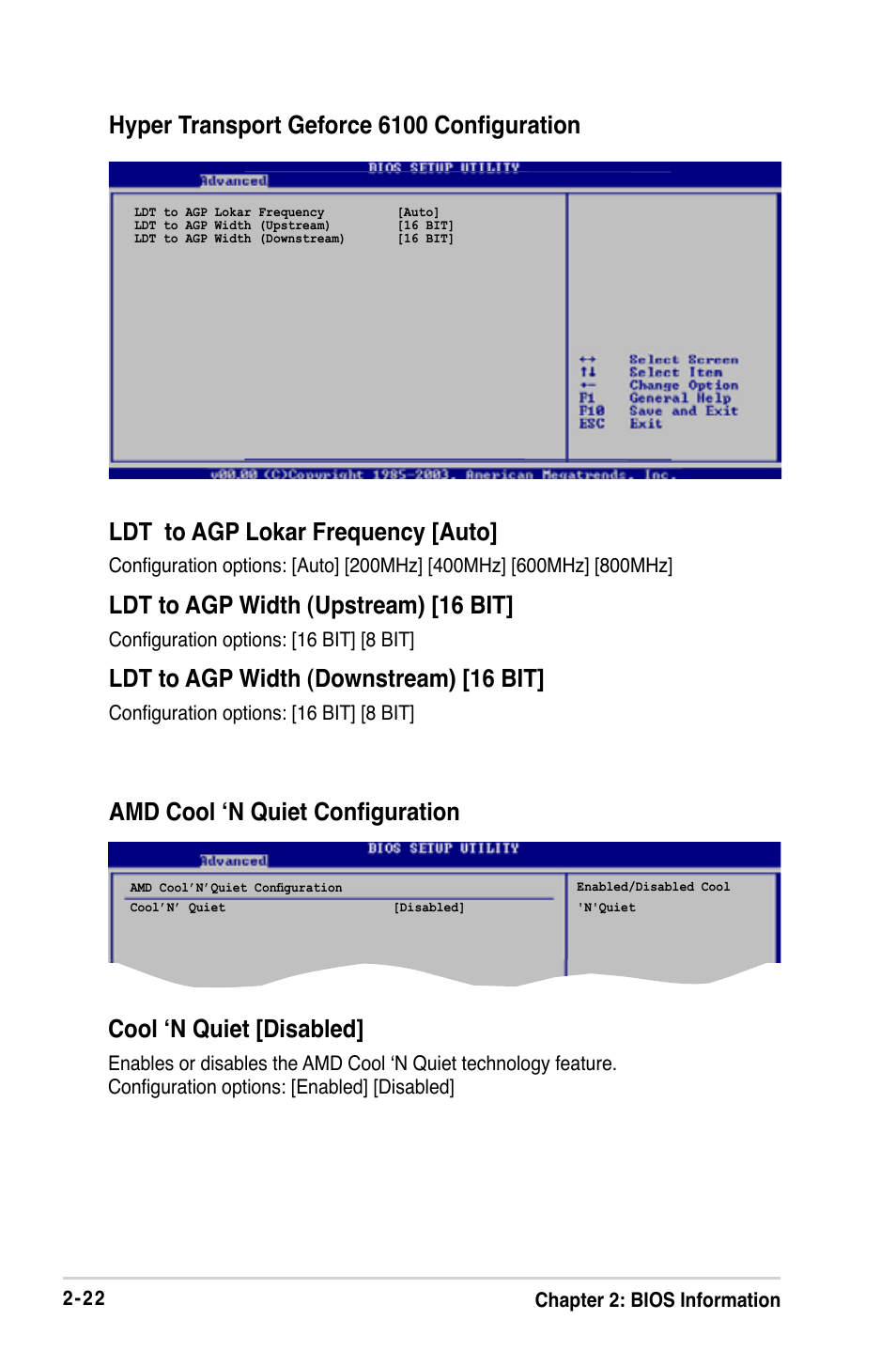 Ldt to agp width (upstream) [16 bit, Ldt to agp width (downstream) [16 bit, Cool ‘n quiet [disabled | Amd cool ‘n quiet configuration | Asus K8V-VM User Manual | Page 58 / 78