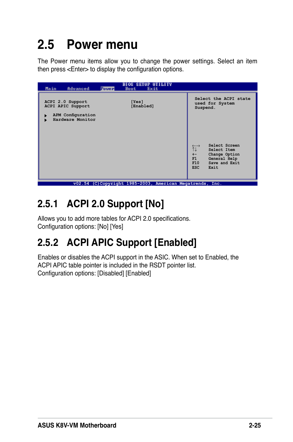  power menu, 1 acpi 2.0 support [no, 2 acpi apic support [enabled | Asus K8V-VM User Manual | Page 61 / 78