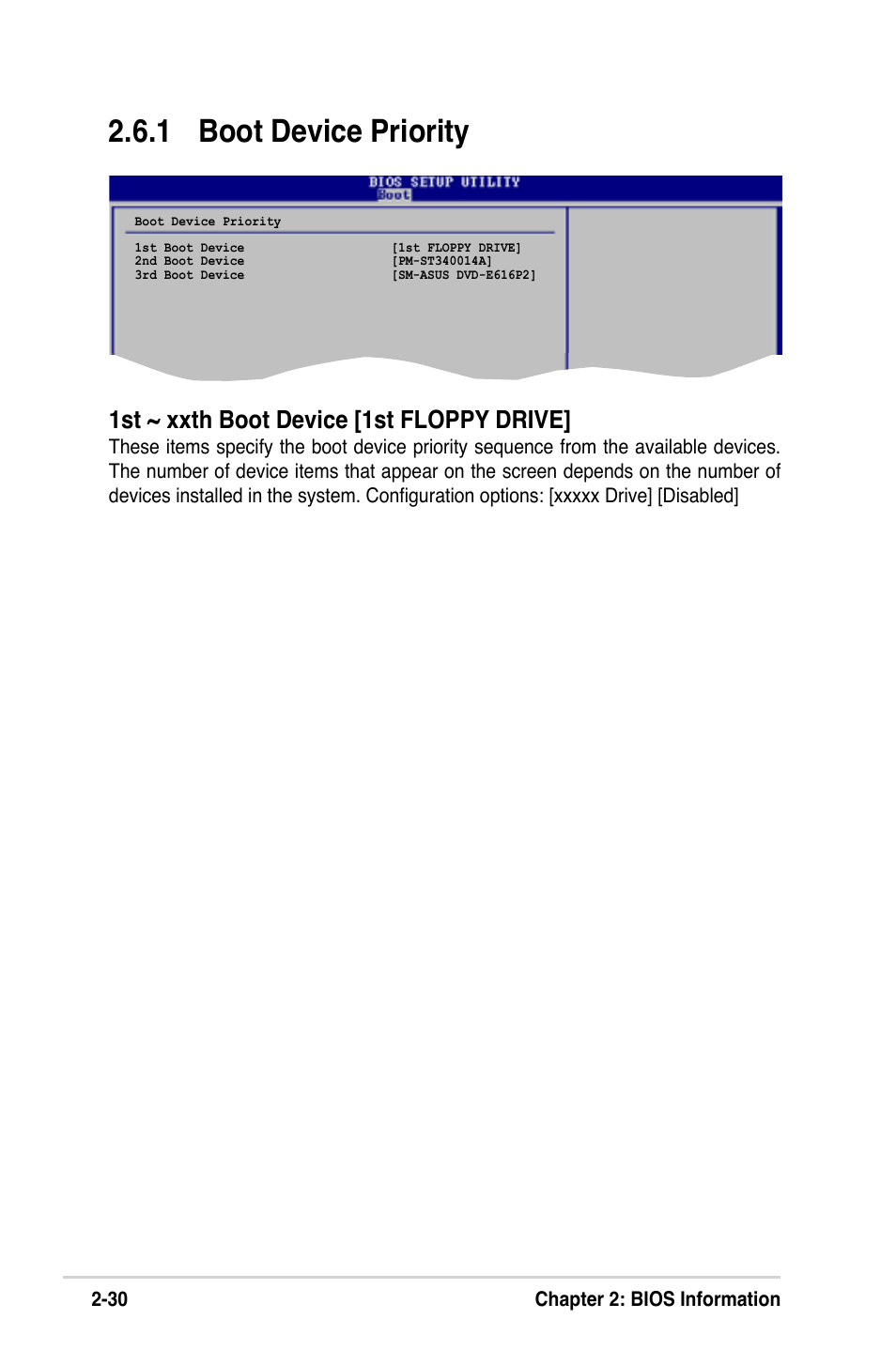 1 boot device priority, 1st ~ xxth boot device [1st floppy drive, 30 chapter 2: bios information | Asus K8V-VM User Manual | Page 66 / 78