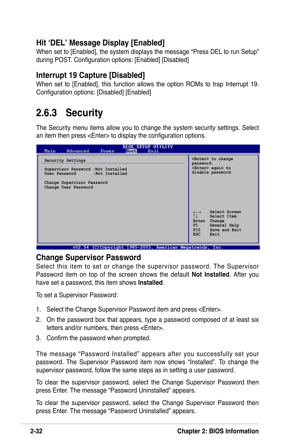 3 security, Change supervisor password, Hit ‘del’ message display [enabled | Interrupt 19 capture [disabled | Asus K8V-VM User Manual | Page 68 / 78