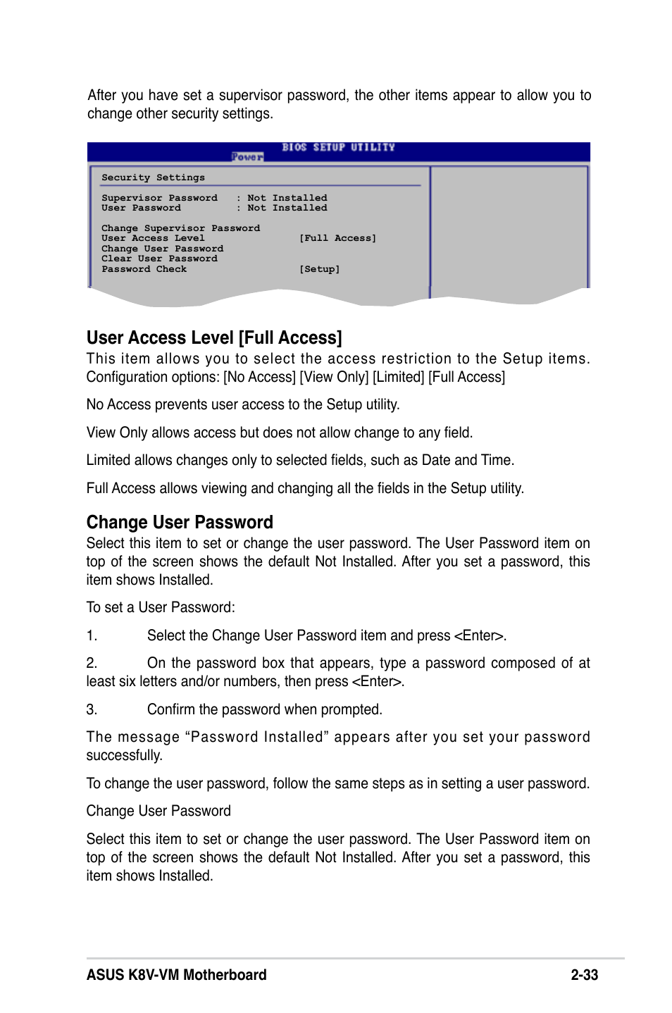 User access level [full access, Change user password | Asus K8V-VM User Manual | Page 69 / 78