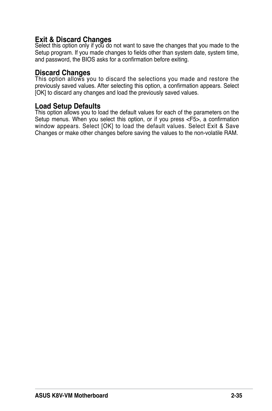 Exit & discard changes, Discard changes, Load setup defaults | Asus K8V-VM User Manual | Page 71 / 78