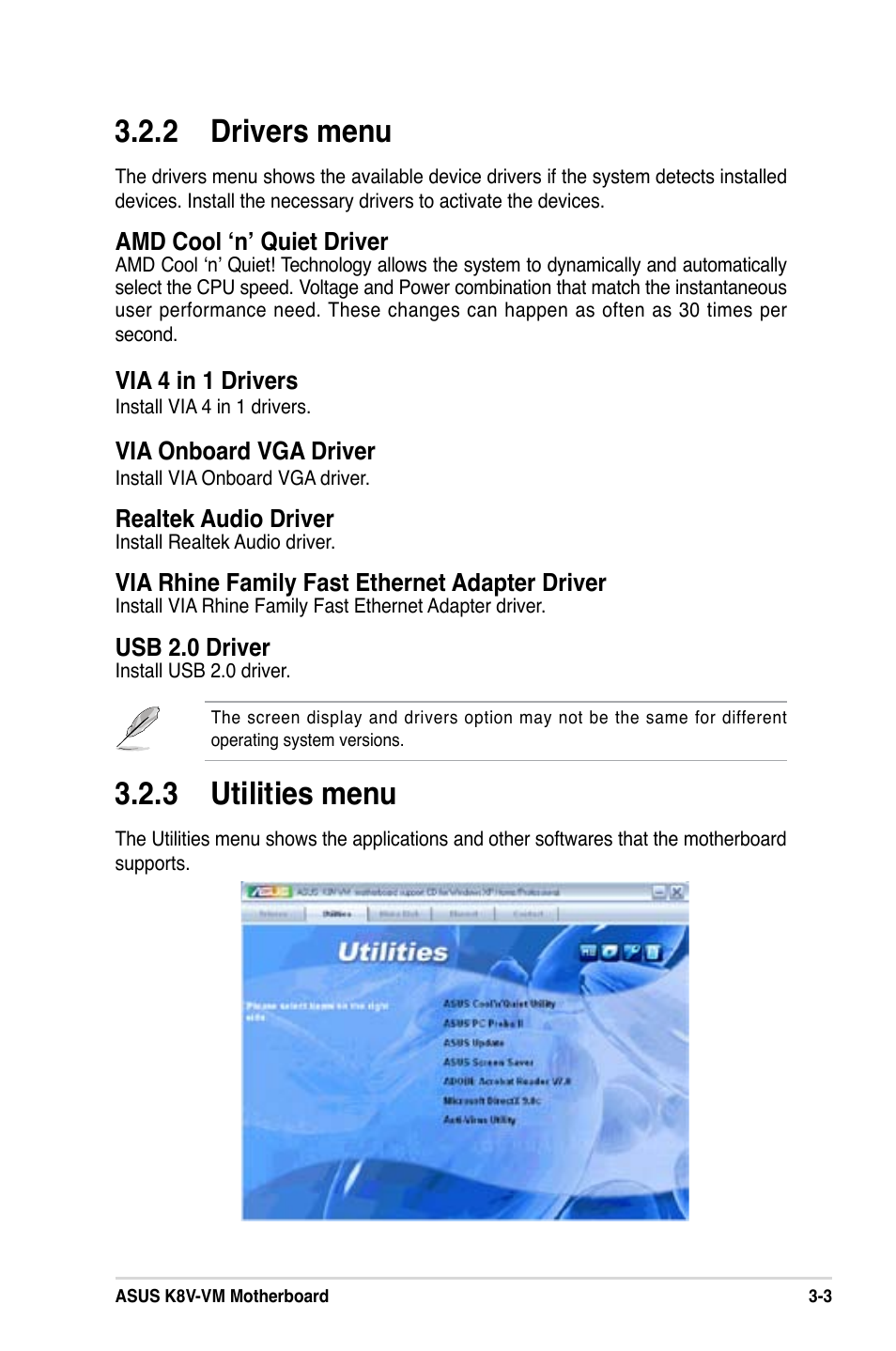 2 drivers menu, 3 utilities menu | Asus K8V-VM User Manual | Page 75 / 78