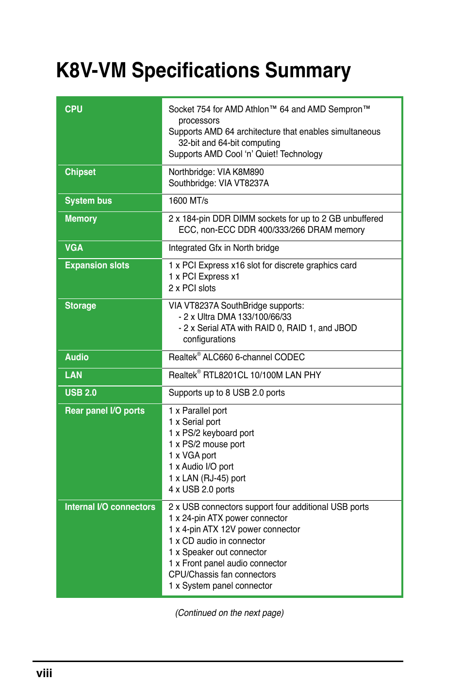 K8v-vm specifications summary, Viii | Asus K8V-VM User Manual | Page 8 / 78