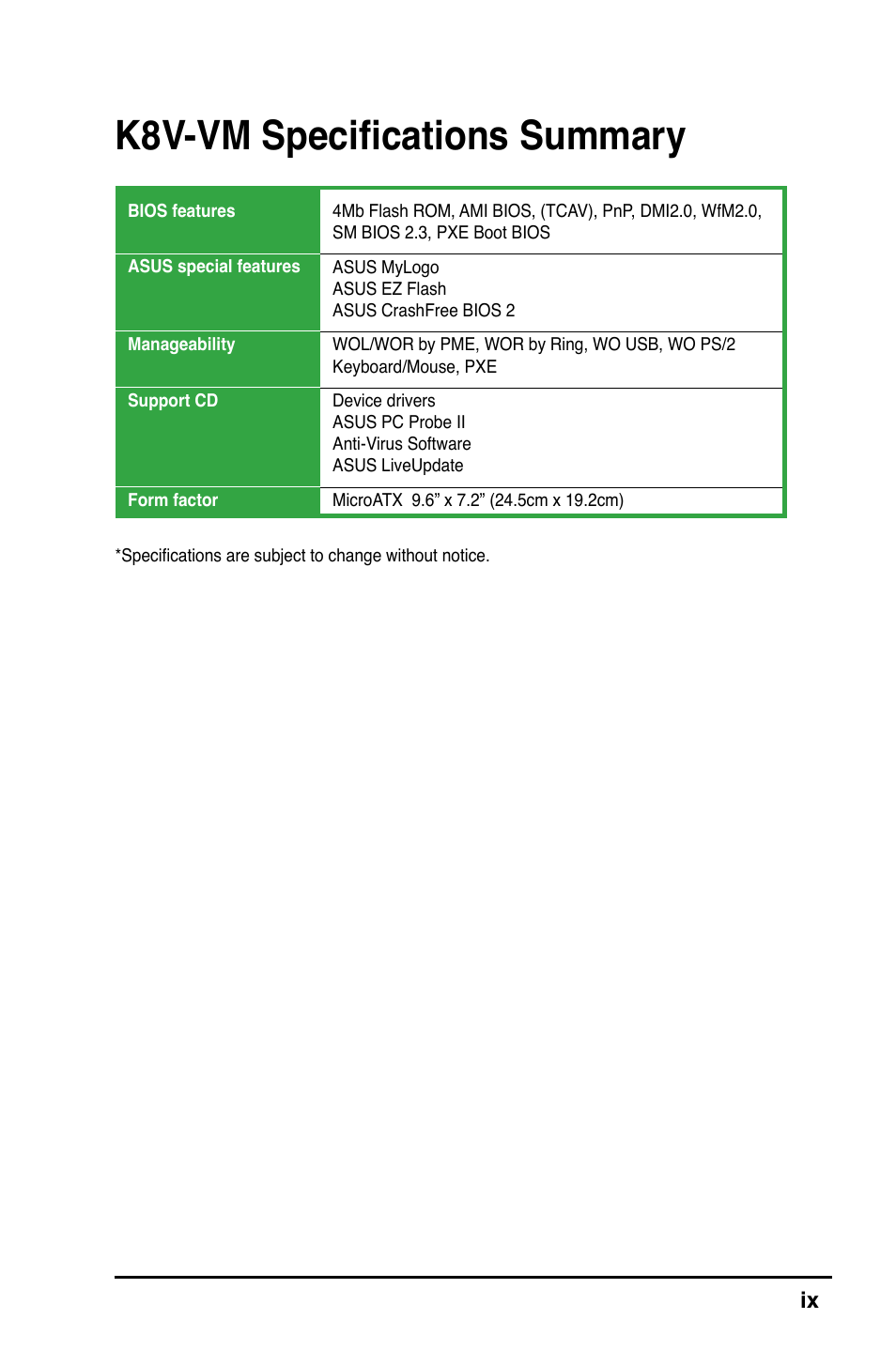 K8v-vm specifications summary | Asus K8V-VM User Manual | Page 9 / 78