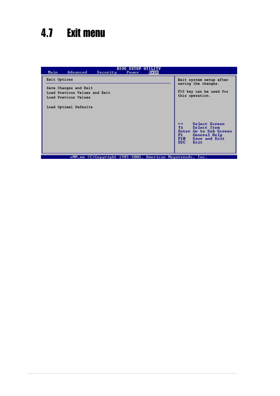 7 exit menu, 1 save changes and exit, 2 load previous values and exit | 3 load previous values, 4 load optimal defaults | Asus Motherboard AP130-E1 User Manual | Page 88 / 92