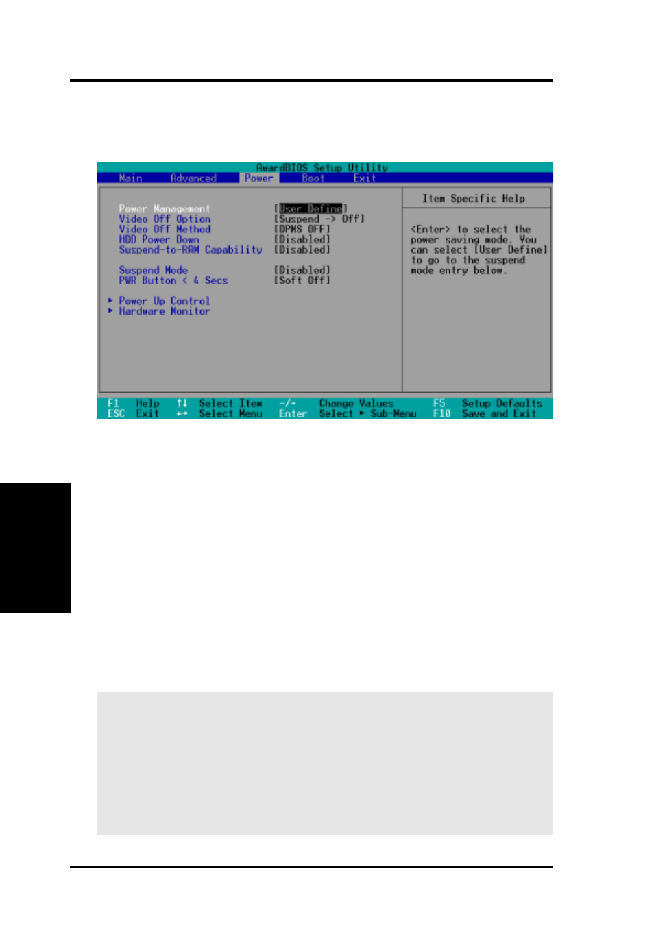 Bios setup, 5 power menu | Asus P4T-F User Manual | Page 68 / 96