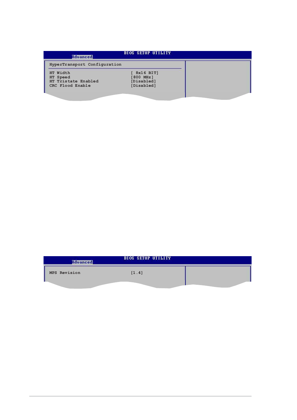 Hypertransport configuration ht width [ 8x16 bit, Ht speed [800 mhz, Ht tristate enable [disabled | Crc flood enable [disabled, Mps configuration mps revision [1.4, 18 chapter 2: bios setup | Asus K8S-MX User Manual | Page 54 / 84