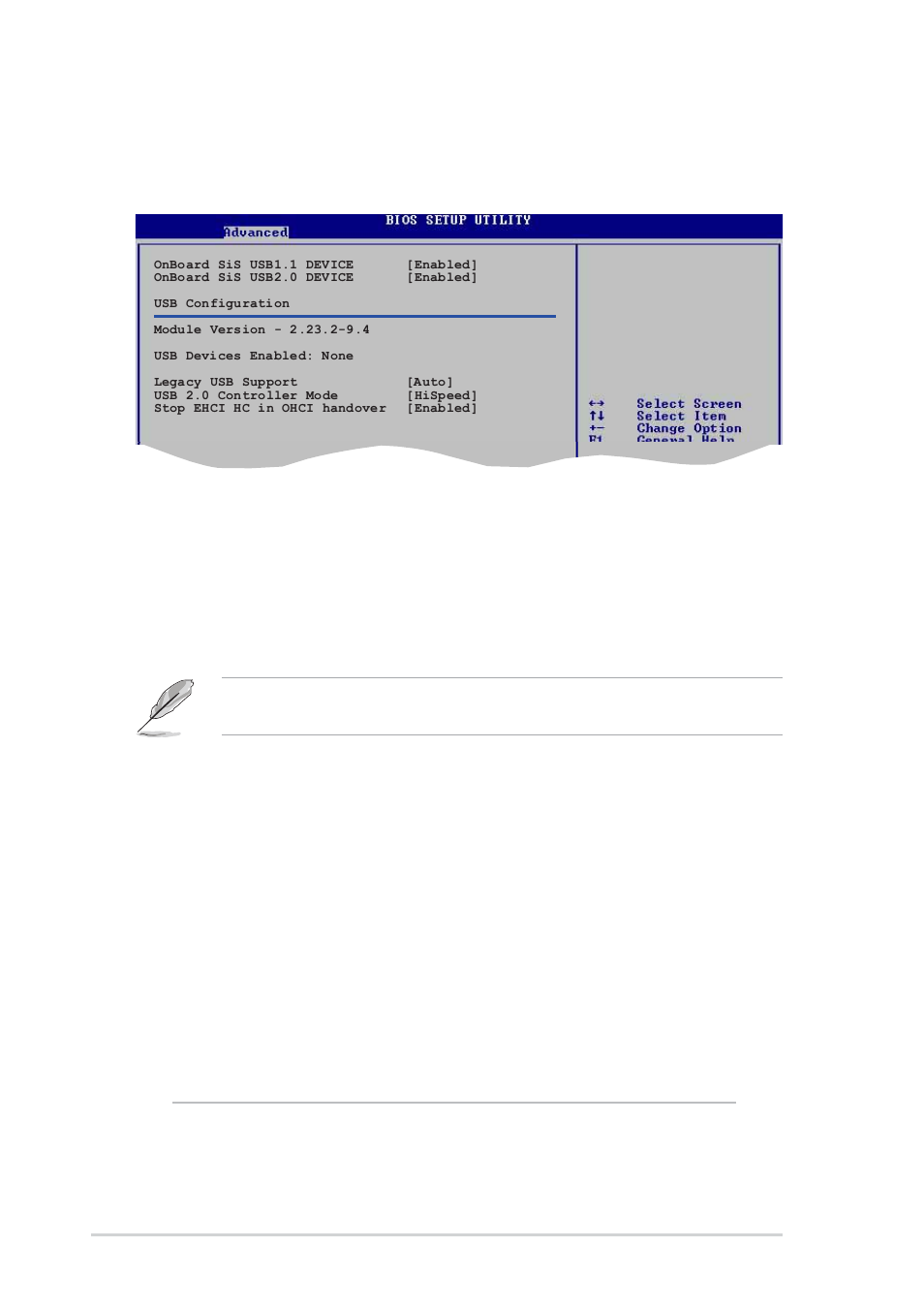 Usb configuration, Legacy usb support [auto, Usb 2.0 controller mode [hispeed | Stop ehci hc in ohci handover [enabled, Onboard sis usb1.1 device [enabled, Onboard sis usb2.0 device [enabled, 20 chapter 2: bios setup | Asus K8S-MX User Manual | Page 56 / 84