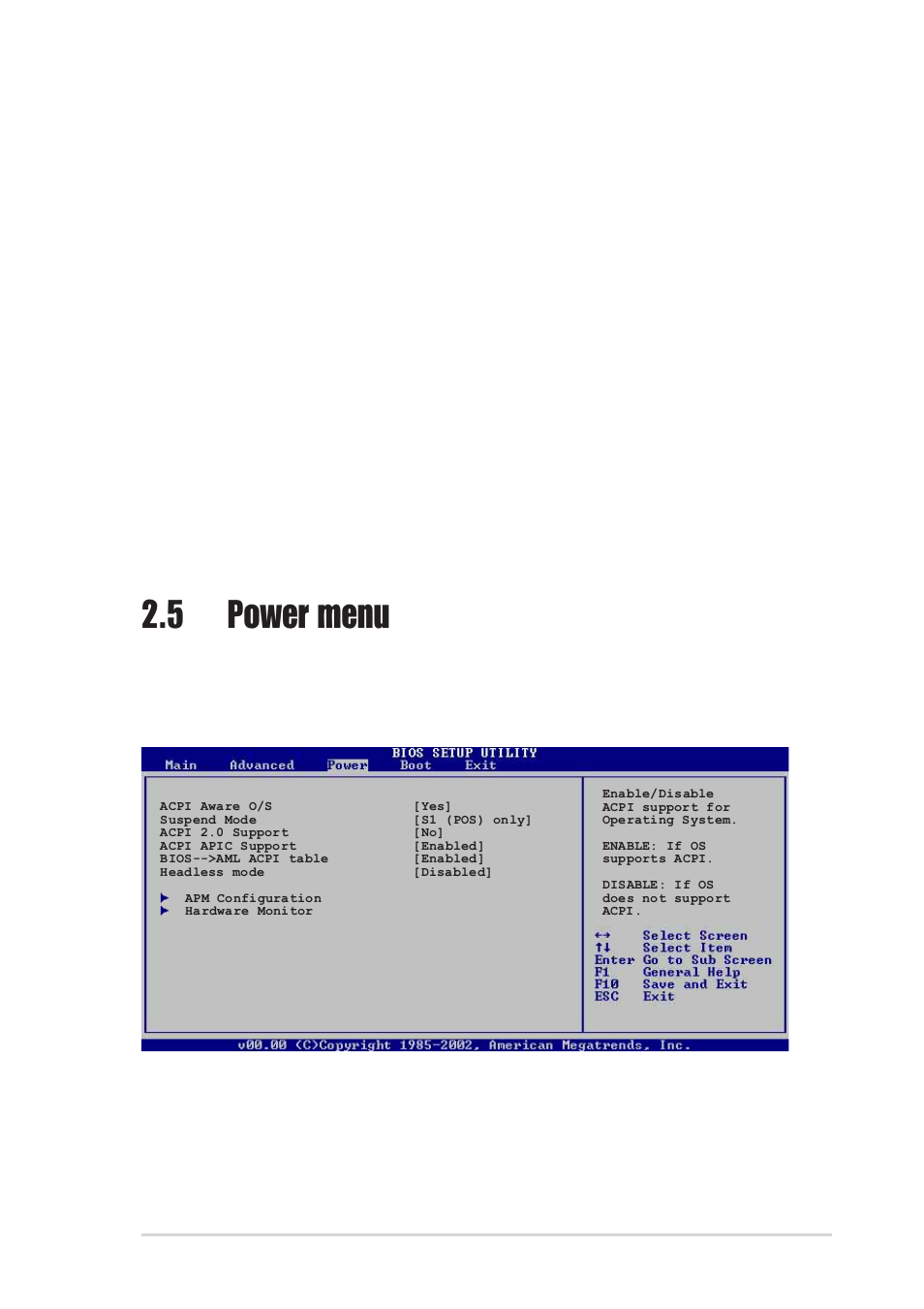 5 power menu, 1 acpi aware o/s [yes, Palette snooping [disabled | Pci ide busmaster [enabled, Offboard pci/isa ide card [auto, Irq xx [pci device | Asus K8S-MX User Manual | Page 59 / 84