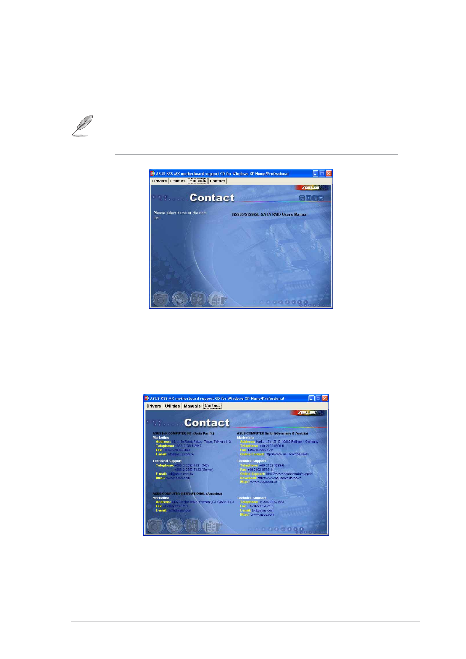 5 asus contact information, 4 manuals | Asus K8S-MX User Manual | Page 73 / 84