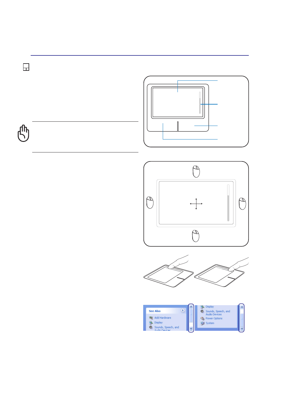 Pointing device, Using the touchpad, Scroll down scroll up | Asus E1701b User Manual | Page 42 / 76