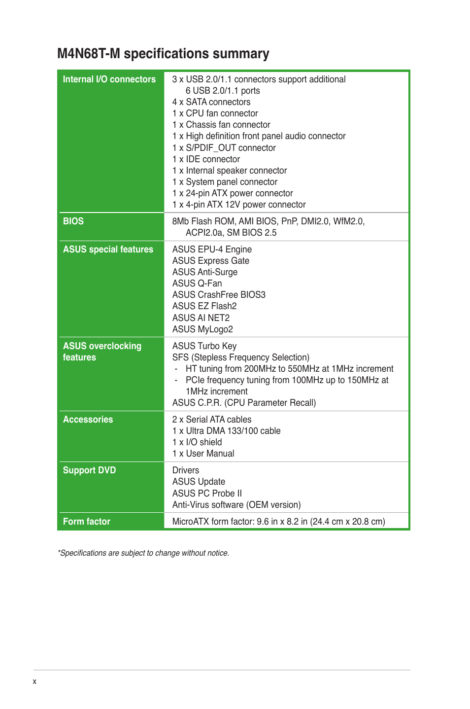 M4n68t-m specifications summary | Asus M4N68T-M User Manual | Page 10 / 62