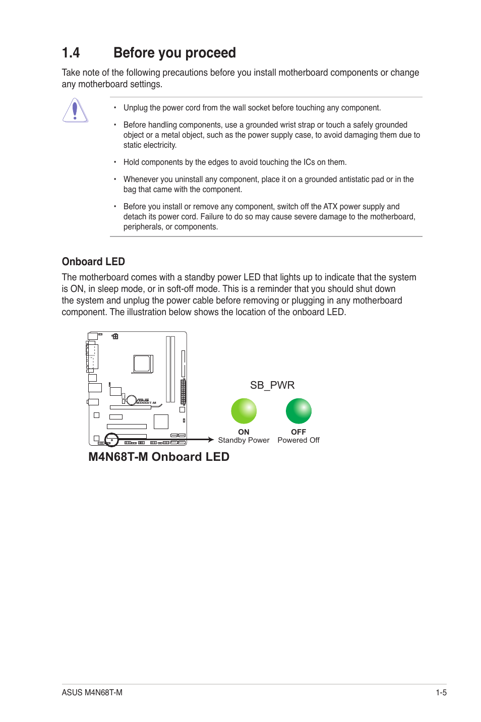 4 before you proceed, Before you proceed -5, M4n68t-m onboard led | Asus M4N68T-M User Manual | Page 15 / 62