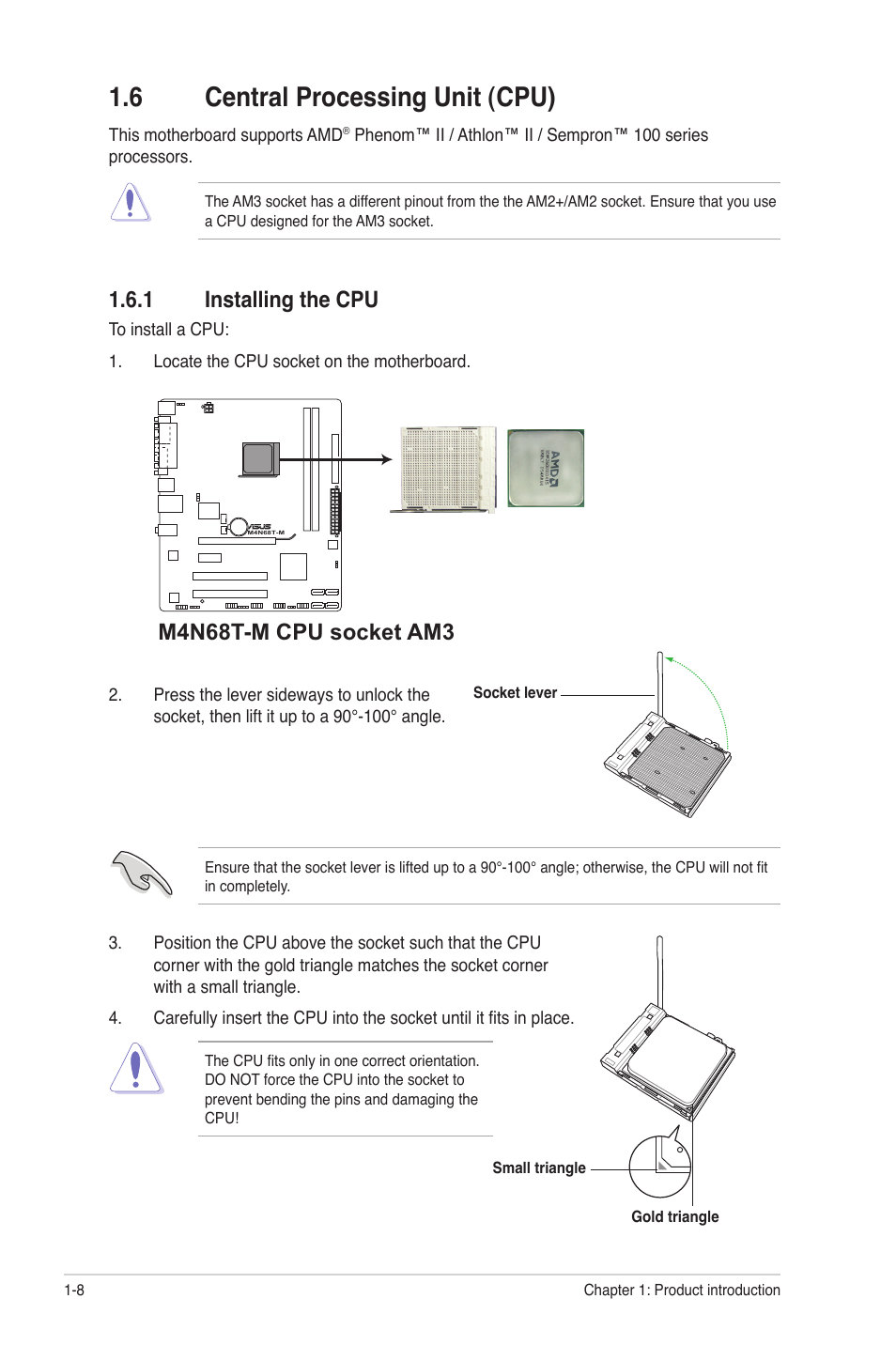 6 central processing unit (cpu), 1 installing the cpu, Central processing unit (cpu) -8 1.6.1 | Installing the cpu -8, M4n68t-m cpu socket am3 | Asus M4N68T-M User Manual | Page 18 / 62