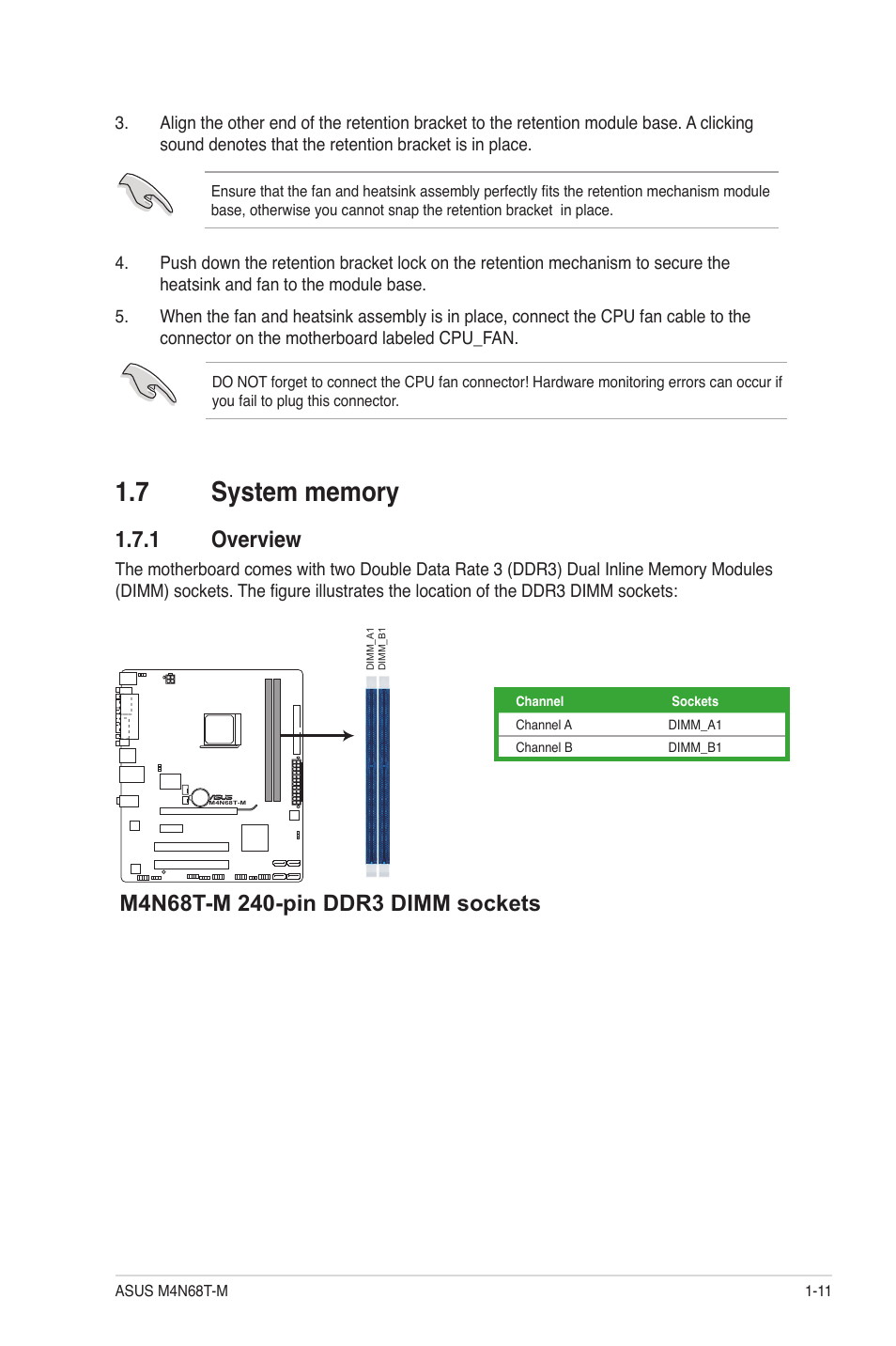 7 system memory, 1 overview, System memory -11 1.7.1 | Overview -11 | Asus M4N68T-M User Manual | Page 21 / 62